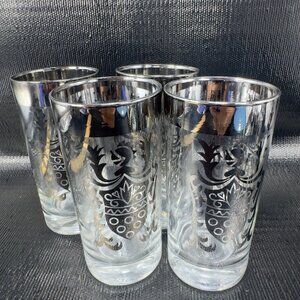 Vintage Kimiko Signed Silver Rimmed Knight Shield Highball Glasses Tumblers Set4